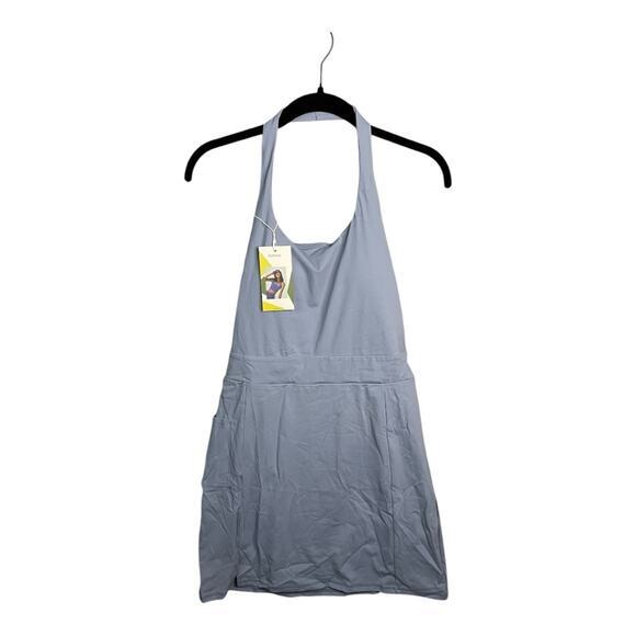 Halara Halter Backless Pocket Split Hem Mini Yoga Active Dress Light Baby Blue M - Picture 5 of 9